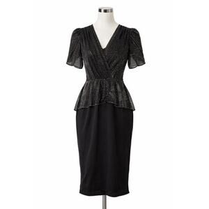 vtg 70s Jackie O! Metallic Black Sheer Peplum Cocktail Dress Midi Sz 5 / Small